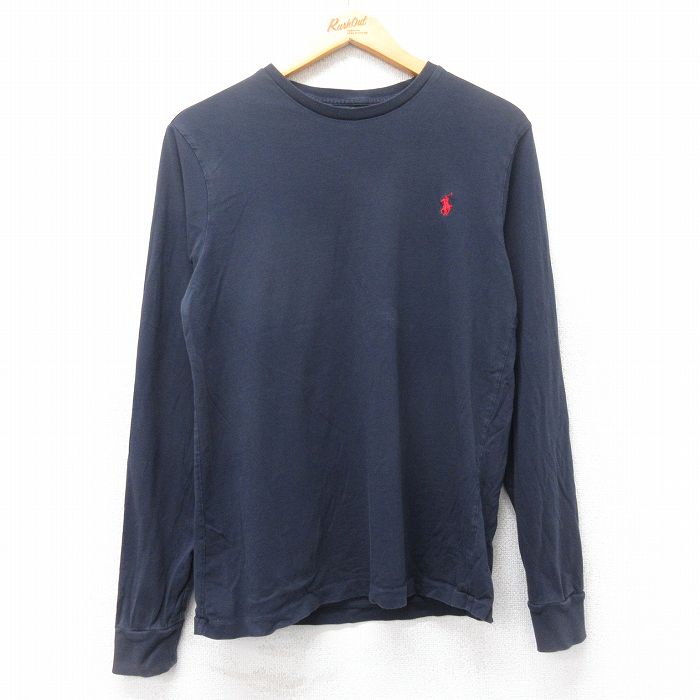 M★古着 ラルフローレン Ralph Lauren 長袖 ブランド Tシャツ メンズ ワンポイントロゴ コットン クルーネック 紺 ネイビー 25feb28 中古