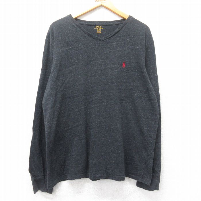 XL★古着 ラルフローレン Ralph Lauren 長袖 ブランド Tシャツ メンズ ワンポイントロゴ 大きいサイズ コットン Vネック 黒 ブラック 霜降り 25feb28 中古