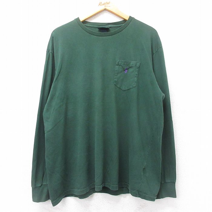 XL★古着 ラルフローレン Ralph Lauren 長袖 ブランド Tシャツ メンズ ワンポイントロゴ 胸ポケット付き 大きいサイズ コットン クルーネック 緑 グリーン 25feb28 中古