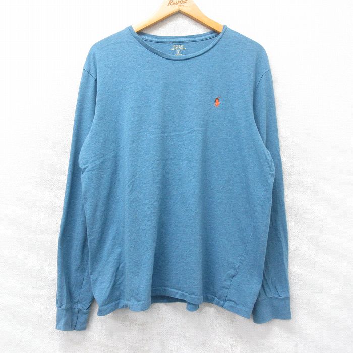 【20%OFF】XL★古着 ラルフローレン Ralph Lauren 長袖 ブランド Tシャツ メンズ ワンポイントロゴ コットン クルーネック 薄紺 ネイビー 霜降り 25feb28 中古