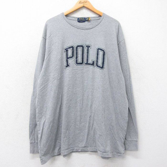 XL★古着 ラルフローレン Ralph Lauren 長袖 ブランド Tシャツ メンズ ビッグロゴ 大きいサイズ ロング丈 コットン クルーネック グレー 霜降り 【spe】 25feb28 中古