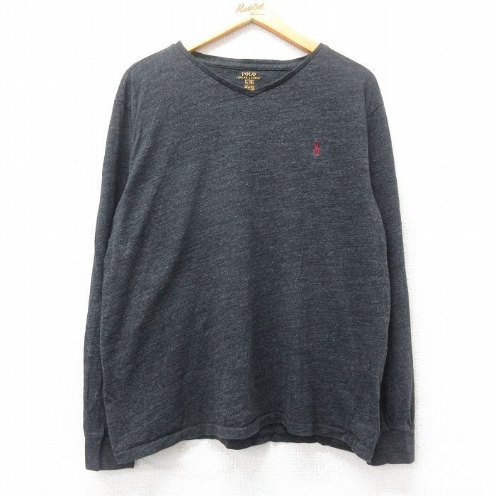 XL★古着 ラルフローレン Ralph Lauren 長袖 ブランド Tシャツ メンズ ワンポイントロゴ コットン Vネック 濃グレー 霜降り 25feb28 中古
