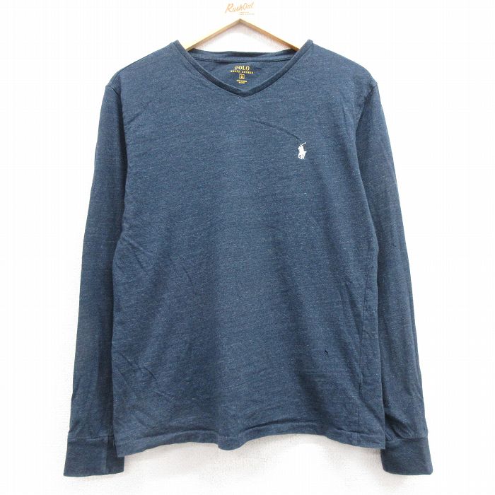【50%OFF】L★古着 ラルフローレン Ralph Lauren 長袖 ブランド Tシャツ メンズ ワンポイントロゴ コットン VANSネック 紺 ネイビー 霜降り 25mar03 中古