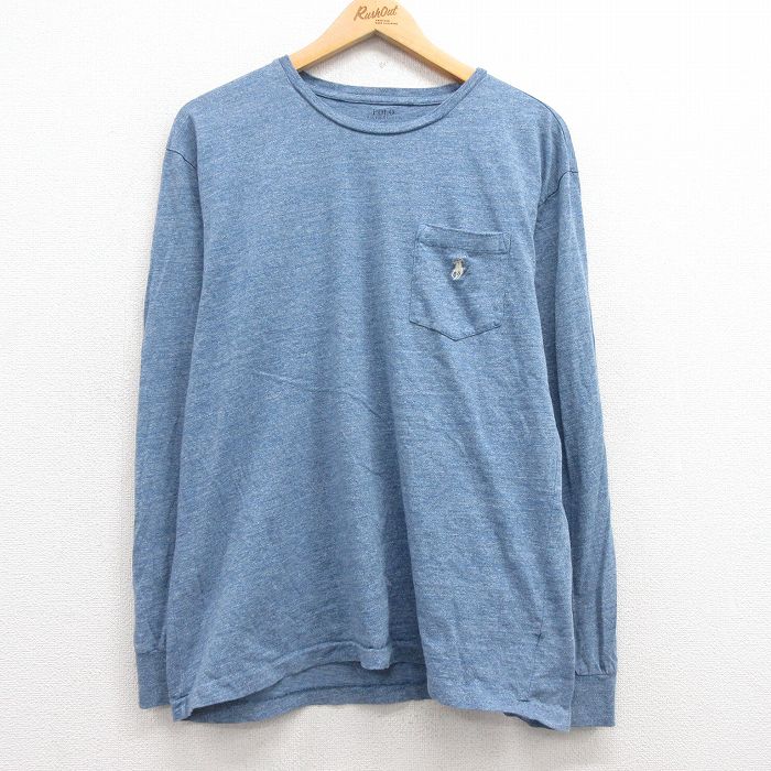 L★古着 ラルフローレン Ralph Lauren 長袖 ブランド Tシャツ メンズ ワンポイントロゴ 胸ポケット付き コットン クルーネック 薄紺 ネイビー 霜降り 25mar03 中古