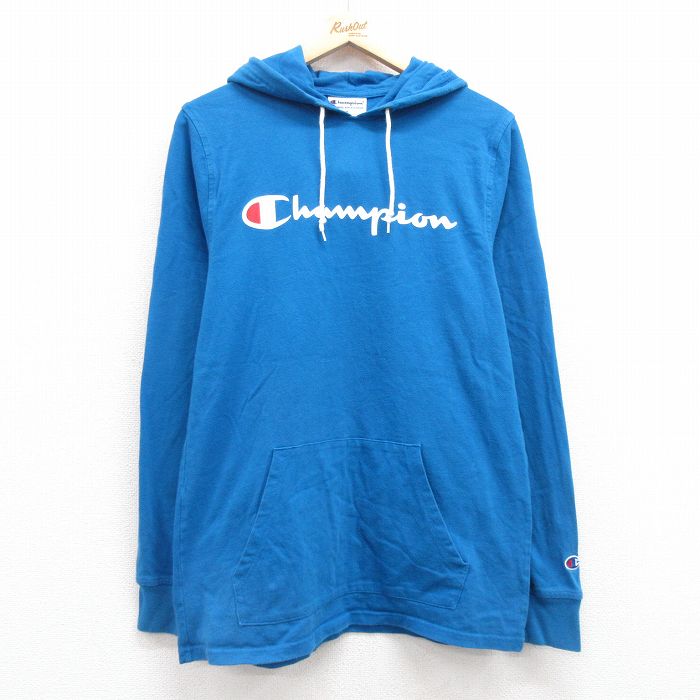 M★古着 チャンピオン champion 長袖 Tシャツ パーカー メンズ ビッグロゴ コットン 青 ブルー 25mar03 中古