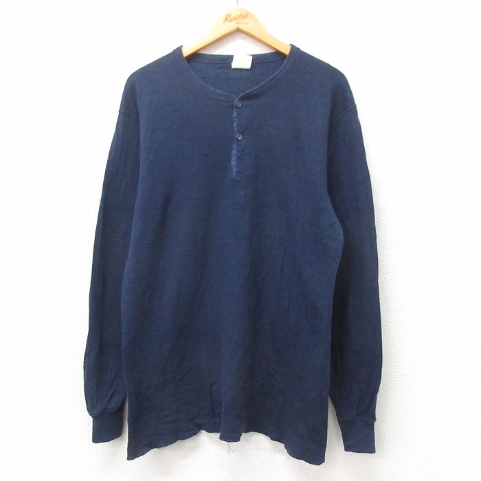 L★古着 長袖 ビンテージ Tシャツ メンズ 80年代 80s 無地 ヘンリーネック USA製 紺 ネイビー 【spe】 25mar03 中古