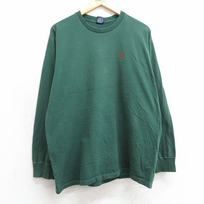 XL★古着 ラルフローレン Ralph Lauren 長袖 ブランド Tシャツ メンズ 90年代 90s ワンポイントロゴ コットン クルーネック 緑 グリーン 25mar04 中古