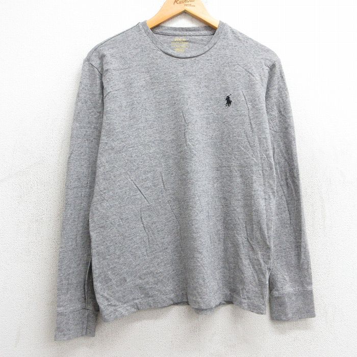 M★古着 ラルフローレン Ralph Lauren 長袖 ブランド Tシャツ メンズ ワンポイントロゴ クルーネック グレー 霜降り 25mar04 中古