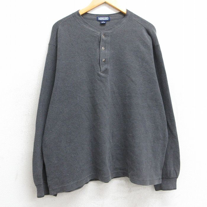 XL★古着 ランズエンド 長袖 ビンテージ サーマル Tシャツ メンズ 90年代 90s 無地 大きいサイズ コットン ヘンリーネック USA製 濃グレー 25mar04 中古