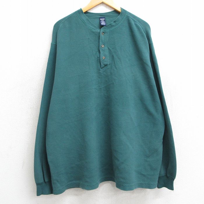 XL★古着 ランズエンド 長袖 ビンテージ サーマル Tシャツ メンズ 90年代 90s 無地 大きいサイズ コットン ヘンリーネック USA製 緑 グリーン 25mar04 中古