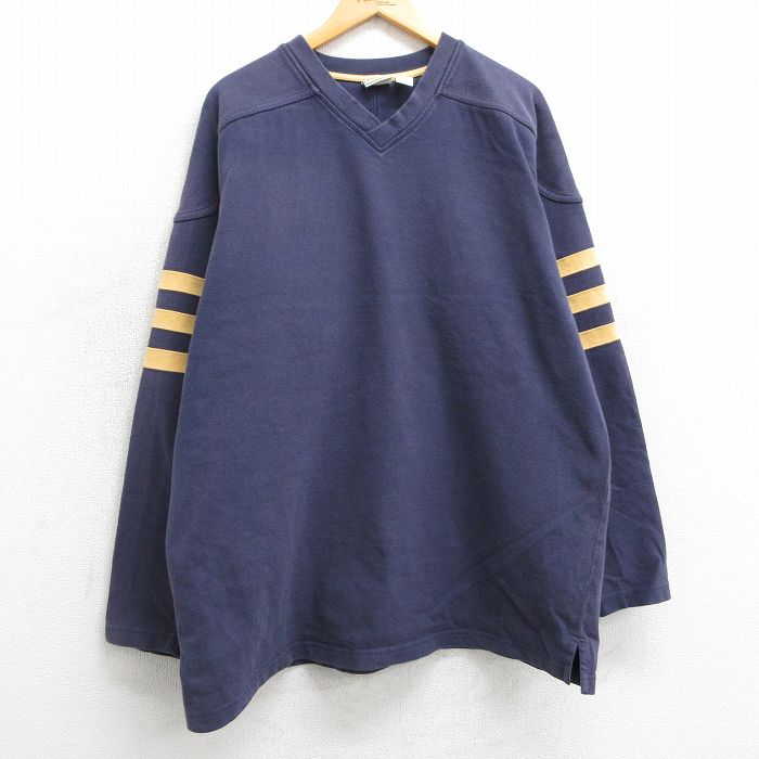 XL★古着 エルエルビーン LLBEAN 長袖 ビンテージ フットボール Tシャツ メンズ 90年代 90s 無地 大きいサイズ ロング丈 Vネック 紺他 ネイビー 【spe】 25mar04 中古