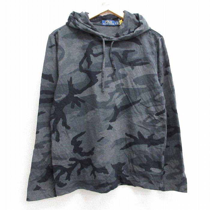 M★古着 ラルフローレン Ralph Lauren 長袖 ブランド Tシャツ パーカー メンズ ワンポイントロゴ コットン グレー 迷彩 25mar04 中古