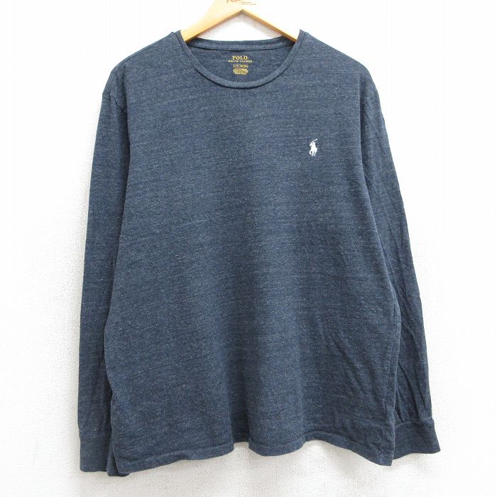 XL★古着 ラルフローレン Ralph Lauren 長袖 ブランド Tシャツ メンズ ワンポイントロゴ コットン クルーネック 濃グレー系 霜降り 25mar04 中古