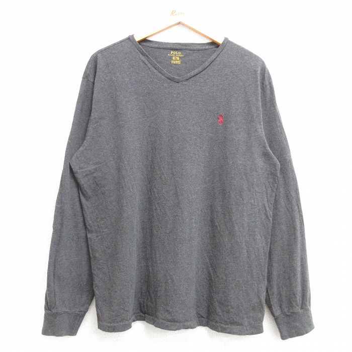 XL★古着 ラルフローレン Ralph Lauren 長袖 ブランド Tシャツ メンズ ワンポイントロゴ コットン クルーネック グレー 霜降り 25mar07 中古