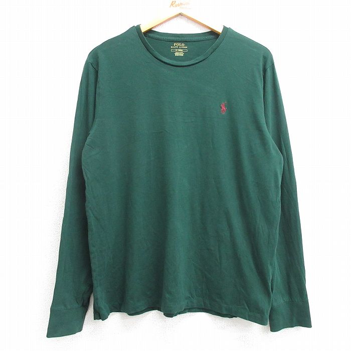 L★古着 ラルフローレン Ralph Lauren 長袖 ブランド Tシャツ メンズ ワンポイントロゴ コットン クルーネック 緑 グリーン 25mar07 中古