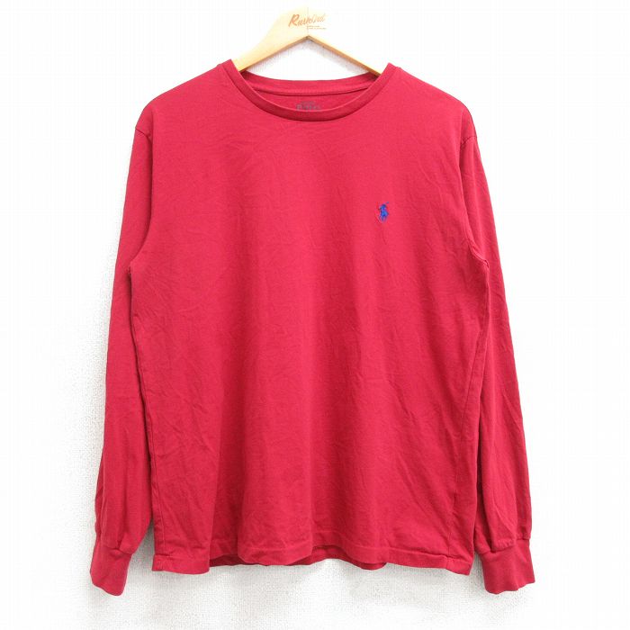 L★古着 ラルフローレン Ralph Lauren 長袖 ブランド Tシャツ メンズ ワンポイントロゴ コットン クルーネック 赤 レッド 25mar07 中古