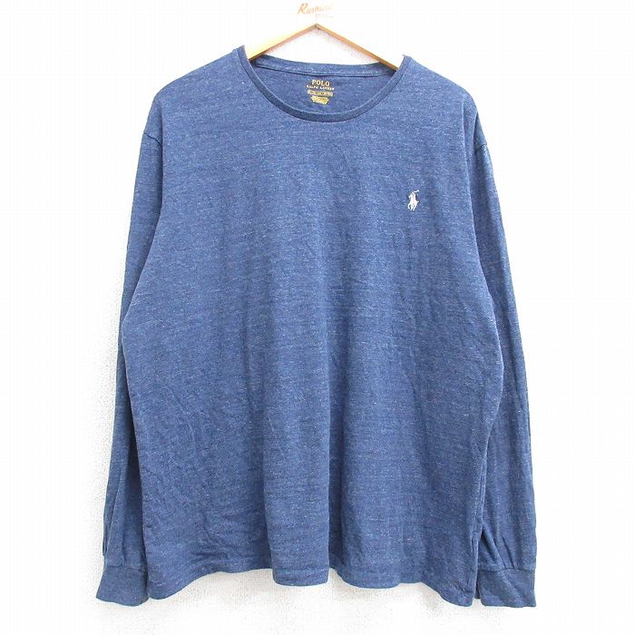 XL★古着 ラルフローレン Ralph Lauren 長袖 ブランド Tシャツ メンズ ワンポイントロゴ コットン クルーネック 紺 ネイビー 霜降り 25mar07 中古