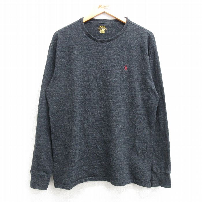 L★古着 ラルフローレン Ralph Lauren 長袖 ブランド Tシャツ メンズ ワンポイントロゴ コットン クルーネック 濃グレー 霜降り 25mar07 中古