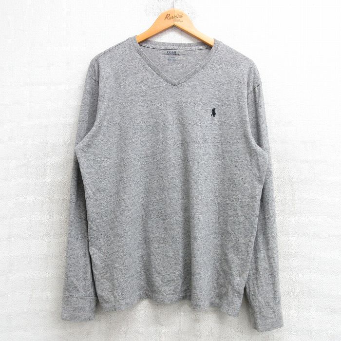 L★古着 ラルフローレン Ralph Lauren 長袖 ブランド Tシャツ メンズ ワンポイントロゴ コットン Vネック グレー 霜降り 25mar07 中古