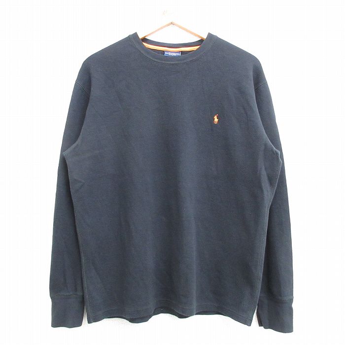 L★古着 ラルフローレン Ralph Lauren 長袖 ブランド サーマル Tシャツ メンズ ワンポイントロゴ コットン クルーネック 黒 ブラック 25mar07 中古
