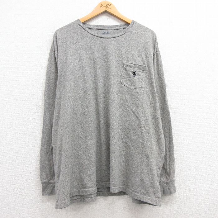 XL★古着 ラルフローレン Ralph Lauren 長袖 ブランド Tシャツ メンズ ワンポイントロゴ 胸ポケット付き 大きいサイズ コットン クルーネック グレー 霜降り 25mar07 中古