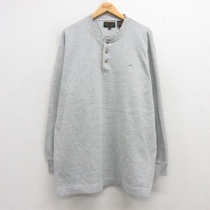 XL★古着 長袖 ビンテージ Tシャツ メンズ 00年代 00s ワンポイントロゴ 大きいサイズ ロング丈 コットン ヘンリーネック 薄グレー 霜降り 25mar07 中古