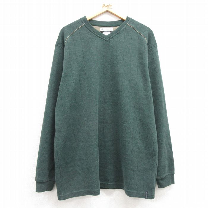 【50%OFF】XL★古着 コロンビア COLUMBIA 長袖 ビンテージ Tシャツ メンズ 00年代 00s 大きいサイズ ロング丈 Vネック 緑 グリーン ストライプ 25mar07 中古