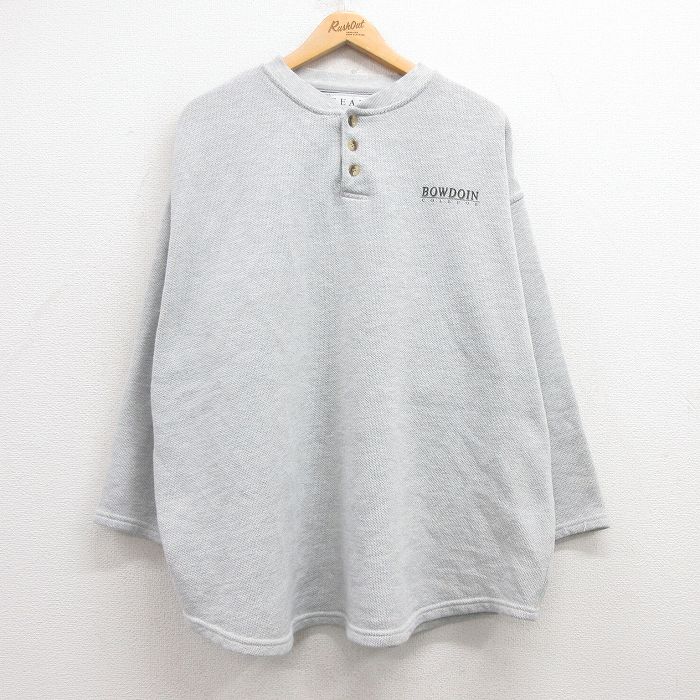 XL★古着 長袖 ビンテージ Tシャツ メンズ 00年代 00s ボウドイン カレッジ 鹿の子 大きいサイズ ヘンリーネック 薄グレー 霜降り 25mar07 中古