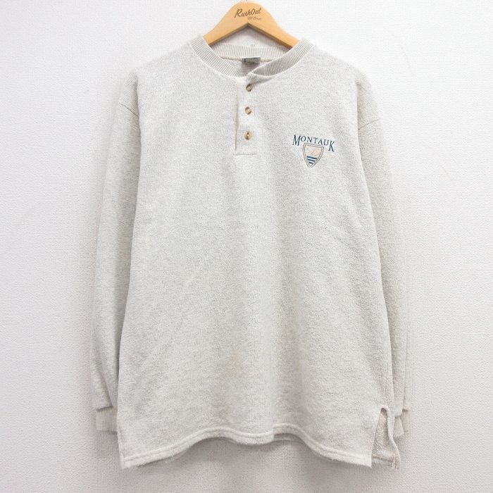 XL★古着 長袖 ビンテージ Tシャツ メンズ 90年代 90s MONTAUK ヘンリーネック USA製 薄グレー 霜降り 25mar07 中古