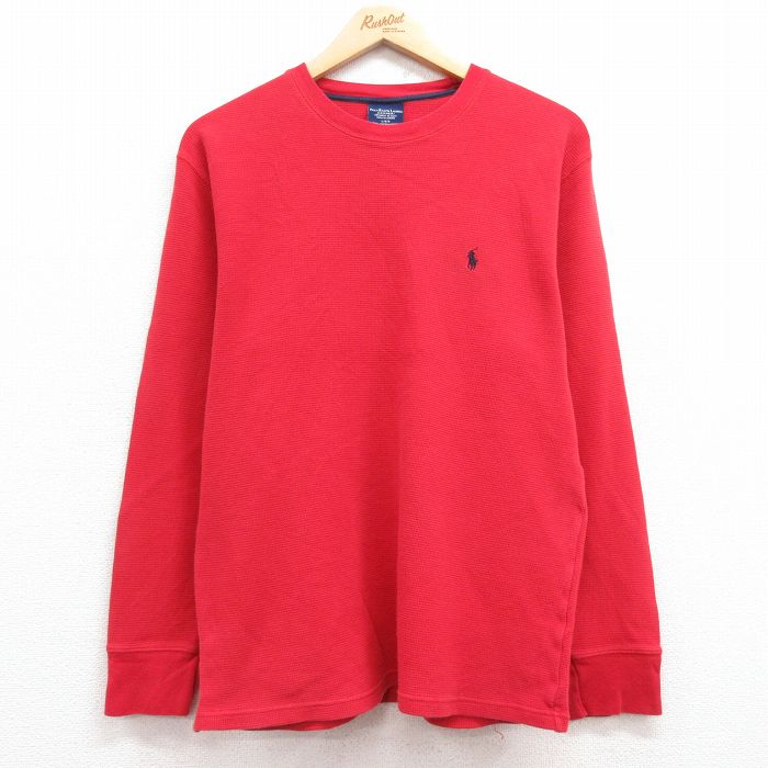 XL★古着 ラルフローレン Ralph Lauren 長袖 ブランド サーマル Tシャツ メンズ ワンポイントロゴ コットン クルーネック 赤 レッド 25mar08 中古