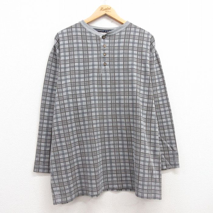 XL★古着 アリゾナジーンズ 長袖 ビンテージ サーマル Tシャツ メンズ 00年代 00s ヒジ当て 大きいサイズ ヘンリーネック グレー他 チェック 25mar08 中古