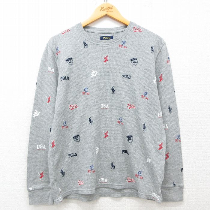 XL★古着 ラルフローレン Ralph Lauren 長袖 ブランド サーマル Tシャツ メンズ ワンポイントロゴ 総柄 コットン クルーネック グレー 25mar11 中古