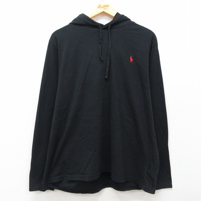 XL★古着 ラルフローレン Ralph Lauren 長袖 ブランド Tシャツ パーカー メンズ ワンポイントロゴ 大きいサイズ コットン 黒 ブラック 25mar11 中古