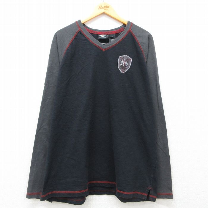 【20%OFF】XL★古着 ハーレーダビッドソン Harley Davidson 長袖 Tシャツ メンズ ラグラン 大きいサイズ コットン Vネック 濃紺他 ネイビー 25mar11 中古