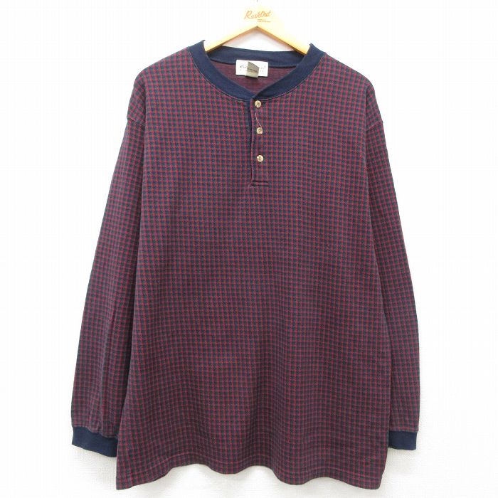 XL★古着 エディーバウアー 長袖 ビンテージ Tシャツ メンズ 00年代 00s 大きいサイズ コットン ヘンリーネック 紺他 ネイビー チェック 【spe】 25mar11 中古
