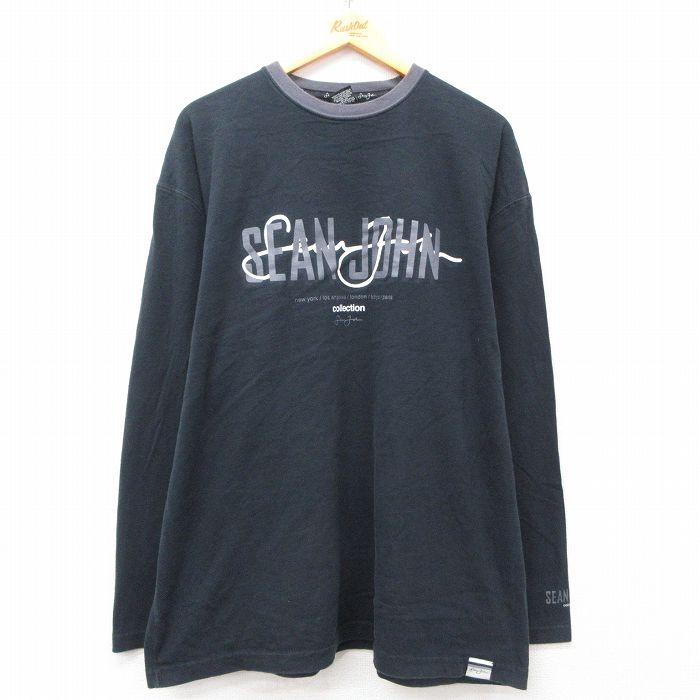 XL★古着 ショーンジョン 長袖 Tシャツ メンズ ビッグロゴ 大きいサイズ コットン クルーネック 黒 ブラック 25mar13 中古