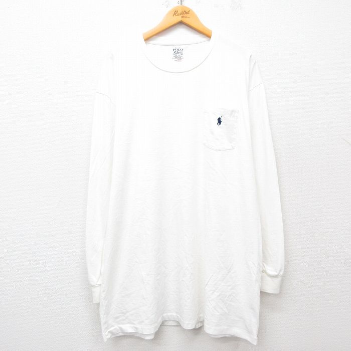 XL★古着 ラルフローレン Ralph Lauren 長袖 ブランド Tシャツ メンズ ワンポイントロゴ 胸ポケット付き 大きいサイズ ロング丈 コットン クルーネック 白 ホワイト 25mar13 中古