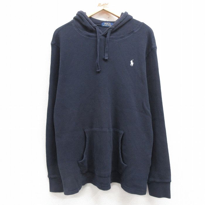 XL★古着 ラルフローレン Ralph Lauren 長袖 ブランド サーマル Tシャツ パーカー メンズ ワンポイントロゴ 大きいサイズ コットン 紺 ネイビー 【spe】 25mar14 中古