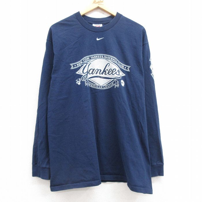 XL★古着 ナイキ NIKE 長袖 ビンテージ Tシャツ メンズ 00年代 00s MLB ニューヨークヤンキース コットン クルーネック 紺 ネイビー メジャーリーグ ベースボール 野球 【spe】 25mar14 中古