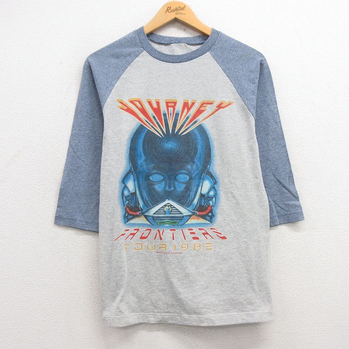 M★古着 7分袖 ロック バンド Tシャツ メンズ ジャーニー ツートンカラー ラグラン クルーネック 薄グレー 霜降り 25mar14 中古 7分丈 七分丈 七分袖