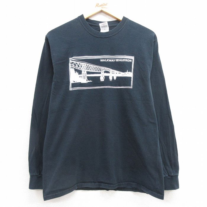 M★古着 長袖 ビンテージ Tシャツ メンズ 00年代 00s 橋 コットン クルーネック 黒 ブラック 25mar14 中古