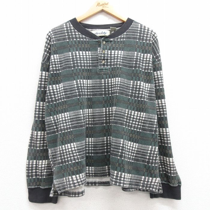 XL★古着 長袖 ビンテージ サーマル Tシャツ メンズ 00年代 00s 大きいサイズ コットン ヘンリーネック 緑他 グリーン チェック 25mar14 中古