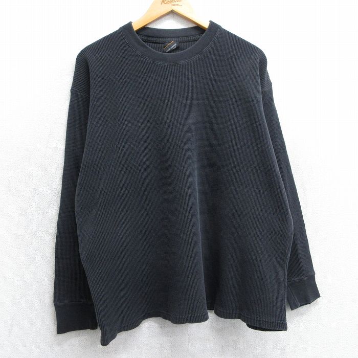 XL★古着 長袖 サーマル Tシャツ メンズ 無地 大きいサイズ コットン クルーネック 黒 ブラック 25mar18 中古