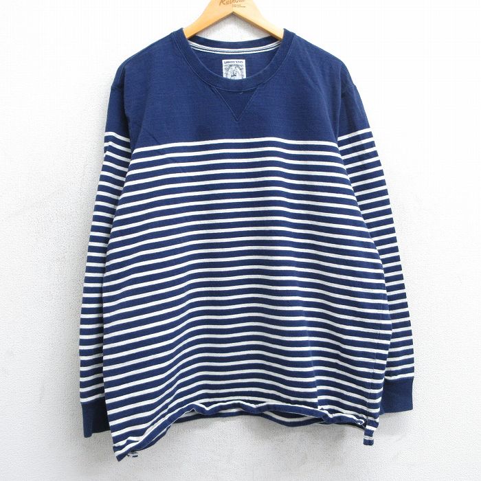 XL★古着 ランズエンド 長袖 Tシャツ メンズ 大きいサイズ コットン クルーネック 紺他 ネイビー ボーダー 25mar18 中古