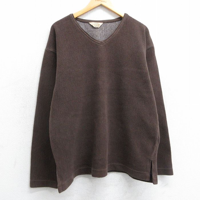 XL★古着 長袖 ビンテージ Tシャツ メンズ 90年代 90s 無地 Vネック USA製 茶 ブラウン 25mar18 中古