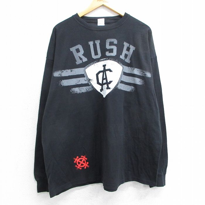 XL★古着 長袖 ロック バンド Tシャツ メンズ ラッシュ 大きいサイズ コットン クルーネック 黒 ブラック 【spe】 25mar18 中古