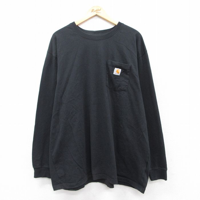 XL★古着 カーハート Carhartt 長袖 Tシャツ メンズ ワンポイントロゴ 胸ポケット付き コットン クルーネック 黒 ブラック 【spe】 25mar19 中古
