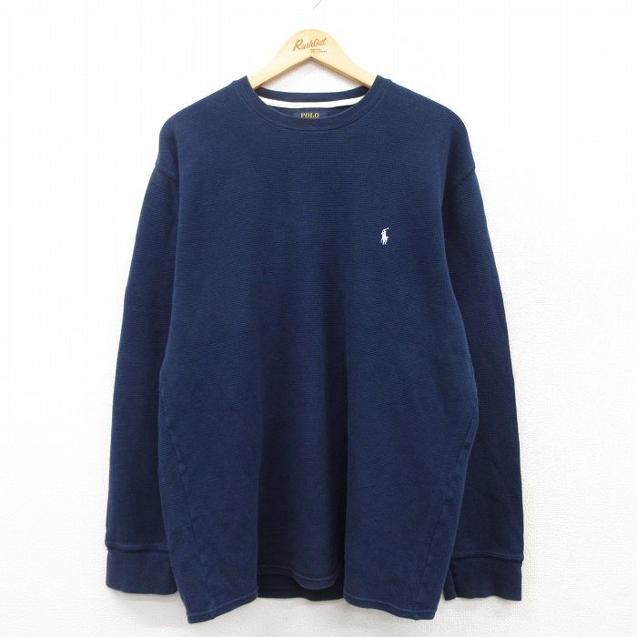XL★古着 ラルフローレン Ralph Lauren 長袖 ブランド サーマル Tシャツ メンズ ワンポイントロゴ コットン クルーネック 紺 ネイビー 25mar19 中古