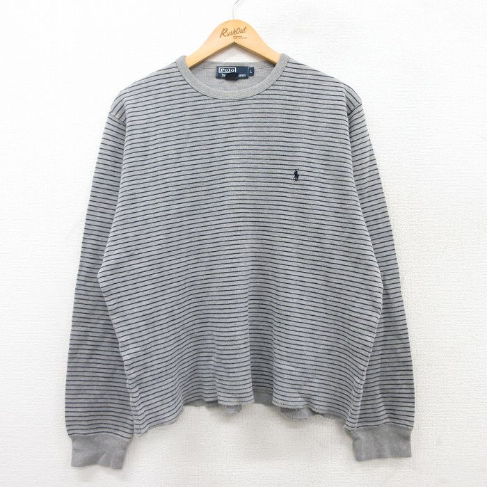 XL★古着 ラルフローレン Ralph Lauren 長袖 ブランド サーマル Tシャツ メンズ 90年代 90s ワンポイントロゴ コットン クルーネック グレー他 ボーダー 25mar19 中古