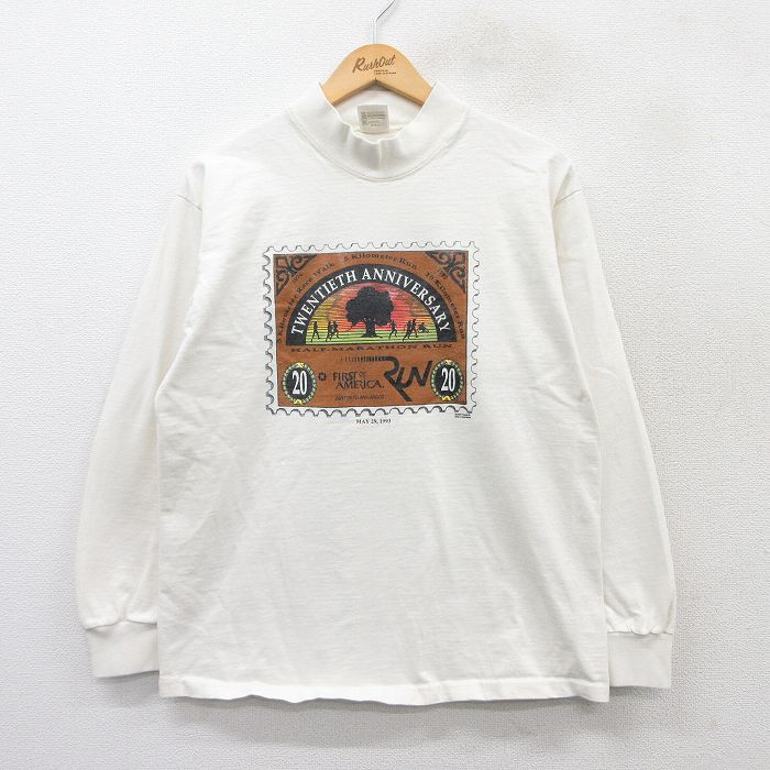 L★古着 長袖 ビンテージ Tシャツ メンズ 90年代 90s RUN コットン モックネック ハイネック USA製 生成り 25mar21 中古